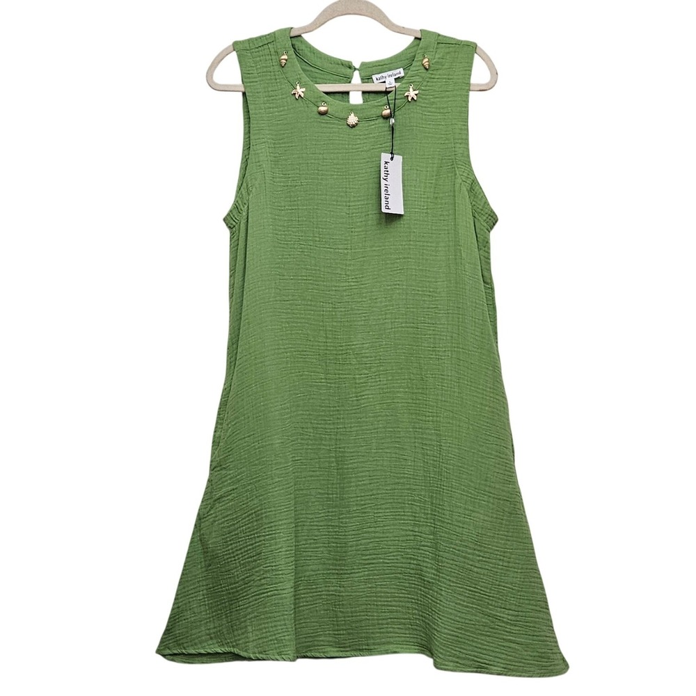 Kathy Ireland Dress Womens L Green Cotton Gauze Shell Starfish Coastal Sun Dress